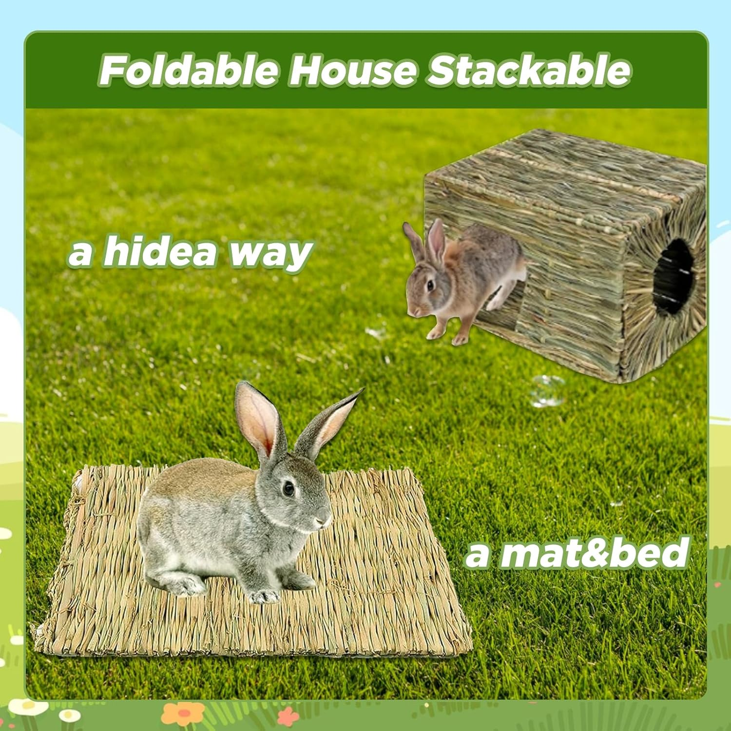 SUSOO Large Rabbit Grass House & Chewing Toy Set &ndash; Foldable Bunny Hideout, Natural Grass Bed,14 Natural Chew Toys with Carrot Shape Rattan, Apple Branch, Pinecone for Hamster, Guinea Pigs&Chinchilla image number 2
