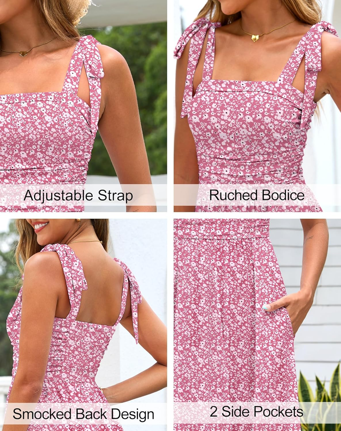 Zattcas Womens 2025 Summer Spaghetti Strap Floral Maxi Dress with Pockets Smocked Flowy Long Beach Vacation Sundresses image number 3