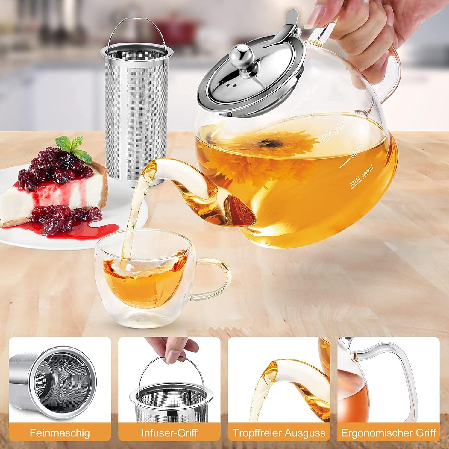 Glass Teapot 1200 Ml with Strainer Insert, Borosilicate Glass Tea Service - Dishwasher Safe image number 3