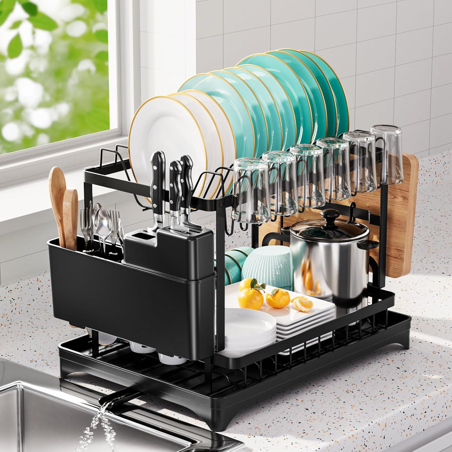 Jabykare 2-Tier Dish Drying Rack with 360&deg; Rotating Drainer Board, Strong Carbon Steel Dish Drainer with Cutlery Utensil Rack & Holders for Kitchen Storage & Organisation (Black)