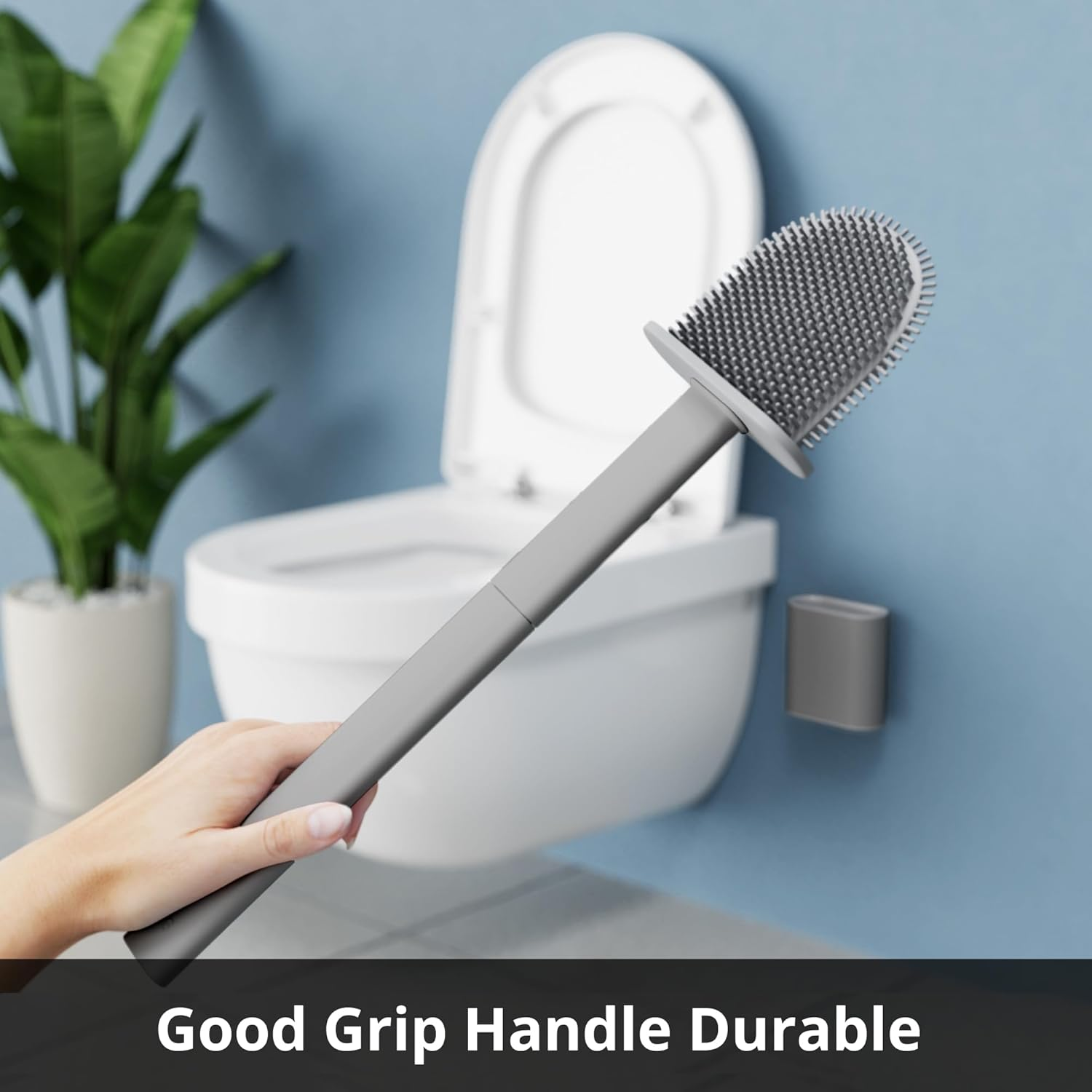 Toilet Brush and Holder Set, Silicone Toilet Brush with TPR Bristles, Wall Mounted and Standing, Pearl Grey Toilet Brush, for Bathroom (1Pc Pearl Grey) image number 3