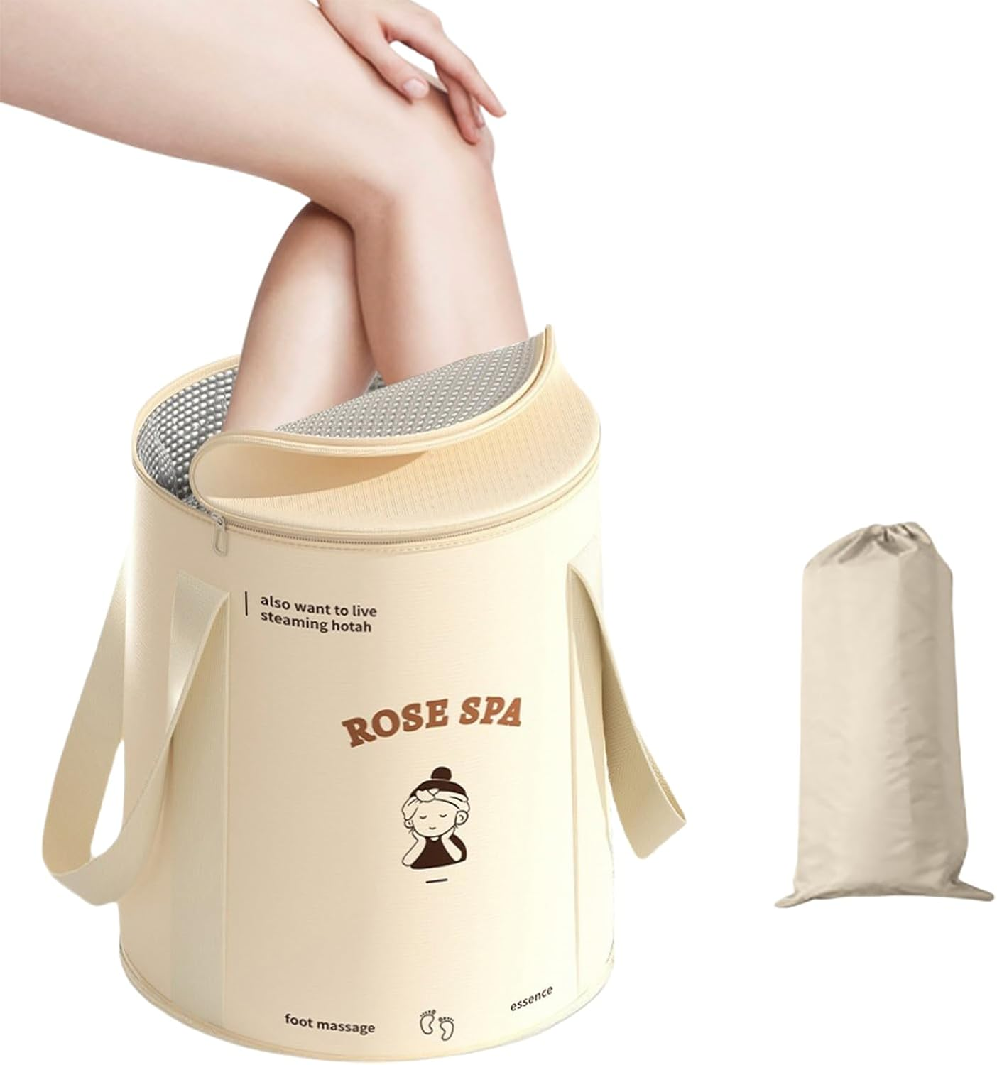 Sgphrzlt Collapsible Foot Basin Tub for Soaking Feet with Lid & Handle, Portable Travel Foot Soak Bucket, Foldable Foot Bath Spa Bag, Long Lasting Insulation, Beige