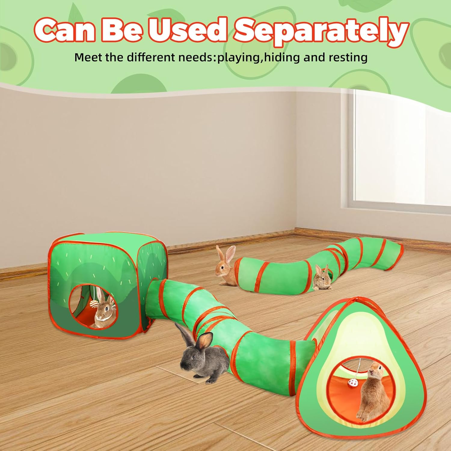 YUEPET Rabbit Tunnel and Cube Collapsible Tent Bunny Interactive Crinkle Tunnel Toys Small Animal Hideout with Play Ball for Dwarf Rabbit Bunny Guinea Pig (Avocado) - Avocado image number 4