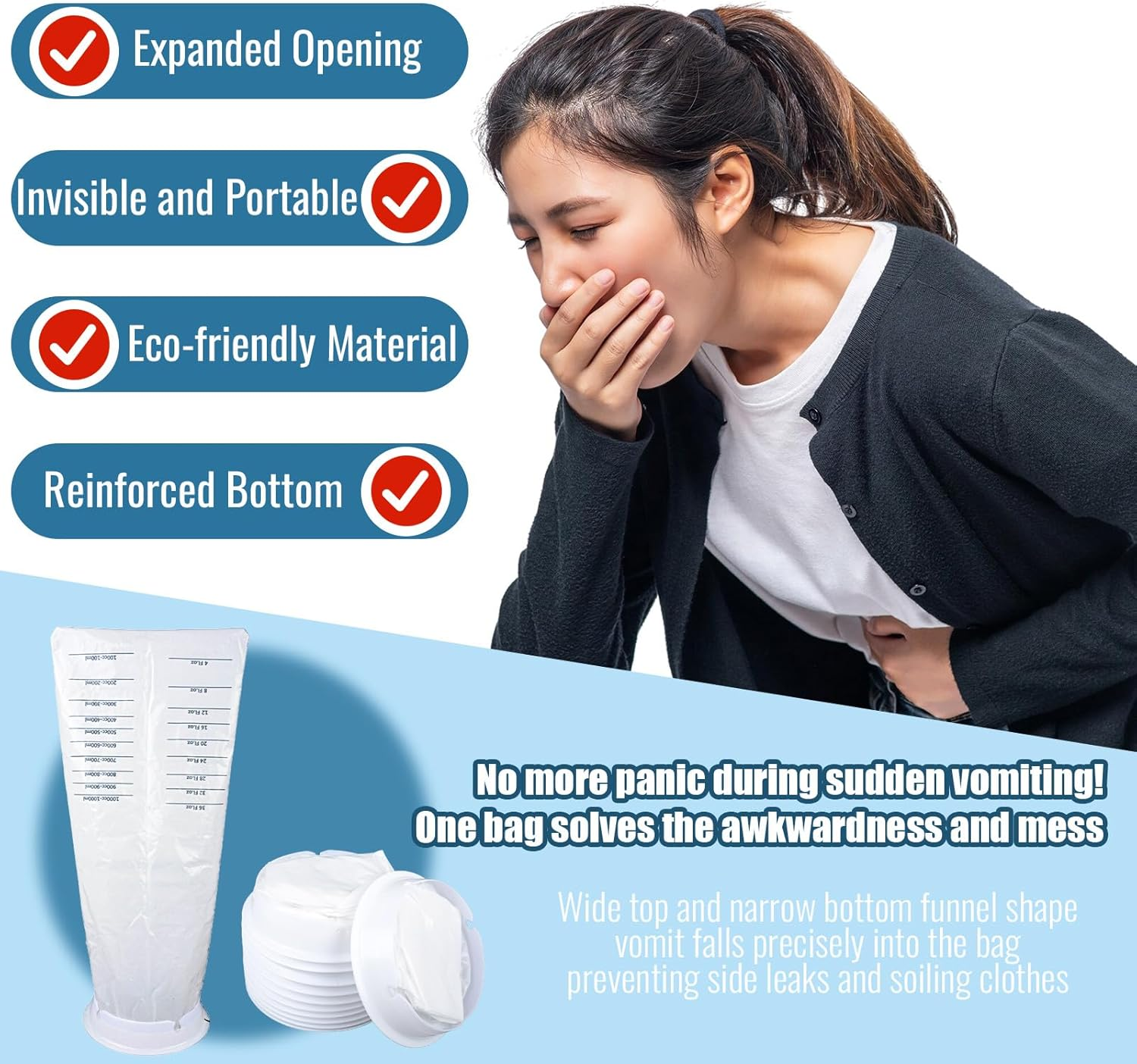 50 Pcs Disposable Vomit Bags for Motion Sickness Car Travel Pregnancy and Kids Emergency Use 1000Ml Capacity Ideal for Chemo and Car Sickness Perfect for Home School and Daycare Must Have Essentials(White)