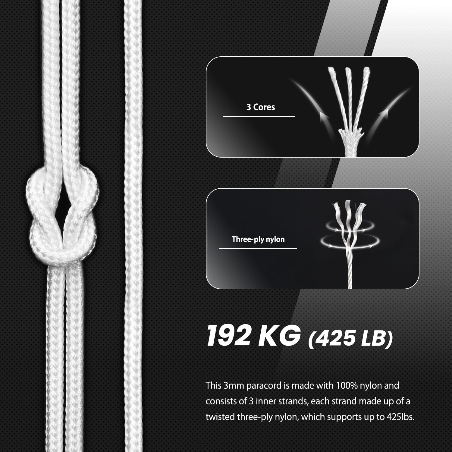 Abma Cord Paracord 3Mm 30M 100% Nylon Rope Type II 3 Strands Parachute Cord - Max. 192Kg (425Lbs) - White - Black image number 3