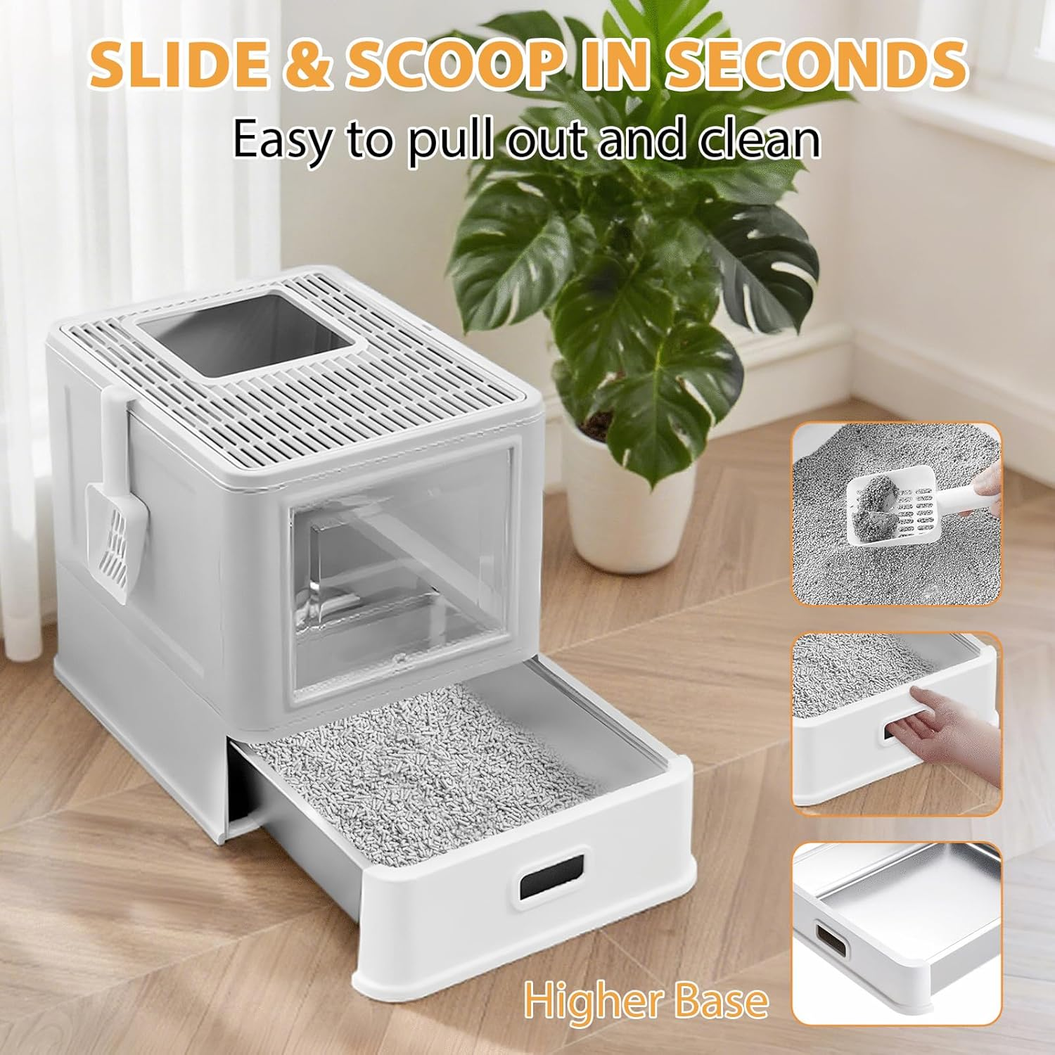 Homegroove Stainless Steel Cat Litter Box with Drawer, XL Foldable Enclosed Kitten Litter Box with Lid for Indoor Cats, Metal Covered Cat Litter Pan with Litter Scoop (Gray) image number 2