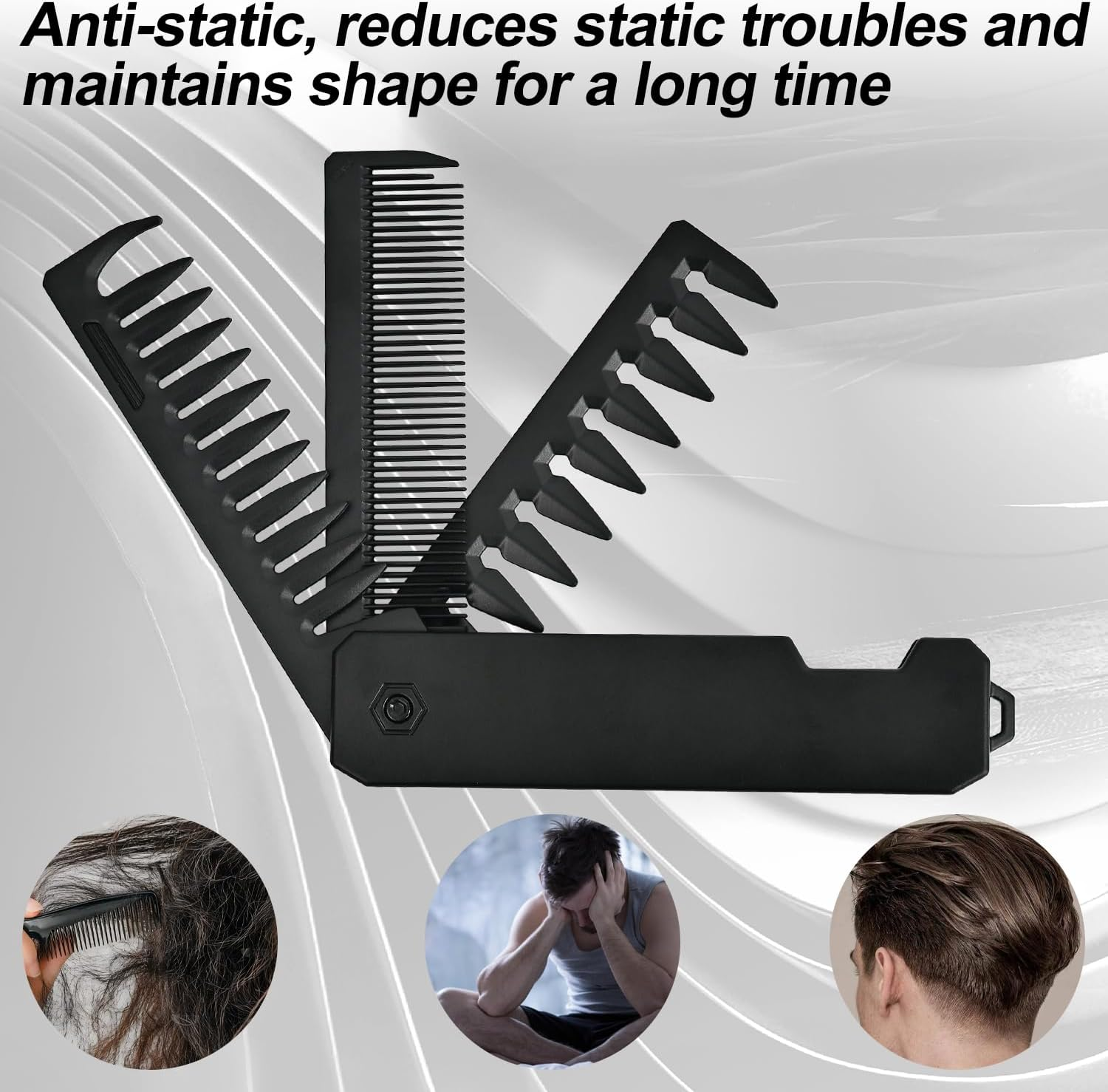 Folding Travel Comb for Men - 3-In-1 Black Flip Design with Wide & Fine Teeth for Hair Beard Mustache image number 5