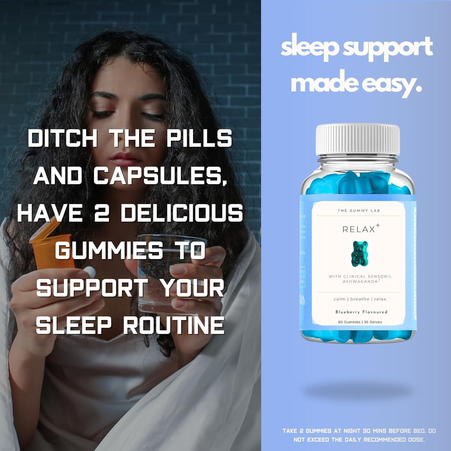 Sleep Gummies with Ashwagandha for Relaxation, Sleep & Calmness, Chewable Sleep Aid, 500Mg Clinical Sensoril Ashwagandha, 5Mg GABA, 4Mg Chamomile Extract, 15 Calories | Blueberry Flavour, 30 Serves image number 6