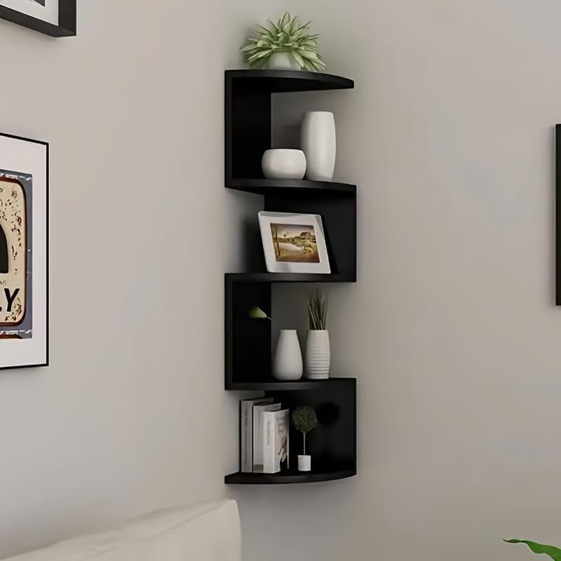 5-Tier PVC Wall-Mounted Corner Floating Bookshelf, Wall Storage Rack - 33-Inch L-Shaped Design Shelf, Suitable for Living Room, Bedroom, Bathroom, Home Office, Shelves (Black) image number 6