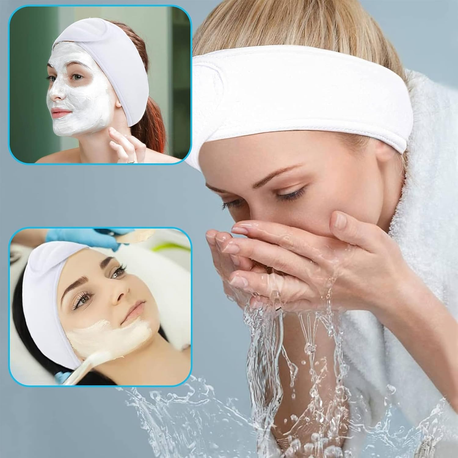 4 Pack Spa Facial Headband Head Wrap Makeup Hair Band Women Skincare Adjustable Headband Terry Cloth Stretch Towel for Bath, Makeup and Sport, with Magic Tape (White) - Gray image number 4