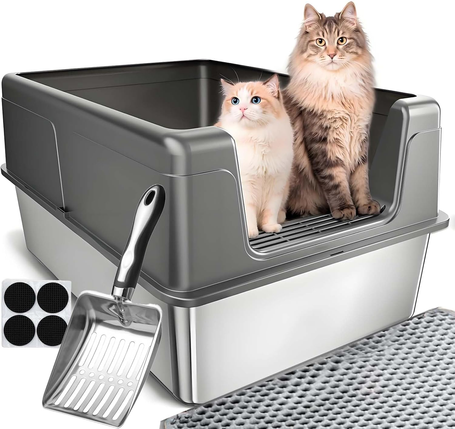Stainless Steel Cat Litter Box Set - XXL High-Sided Tray with Scoop and Cat Litter Mat, Non-Stick and Leak-Proof, Easy to Clean, 60&times;40&times;31.5 Cm (Gray) image number 3