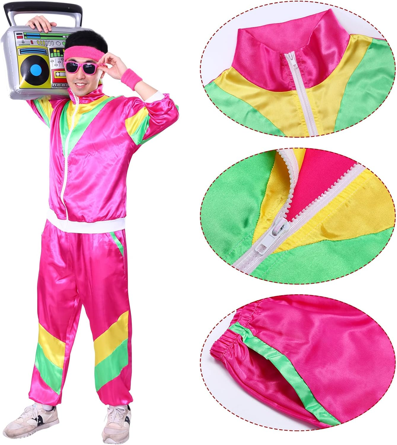 80S Fancy Dress Costume for Adults,80S Shell Suit Costume,90S Shell Suit Fancy Dress,Fashion Retro Tracksuit Outfit,90S Fancy Dress Costumes with Headband Wristbands Glasses image number 6