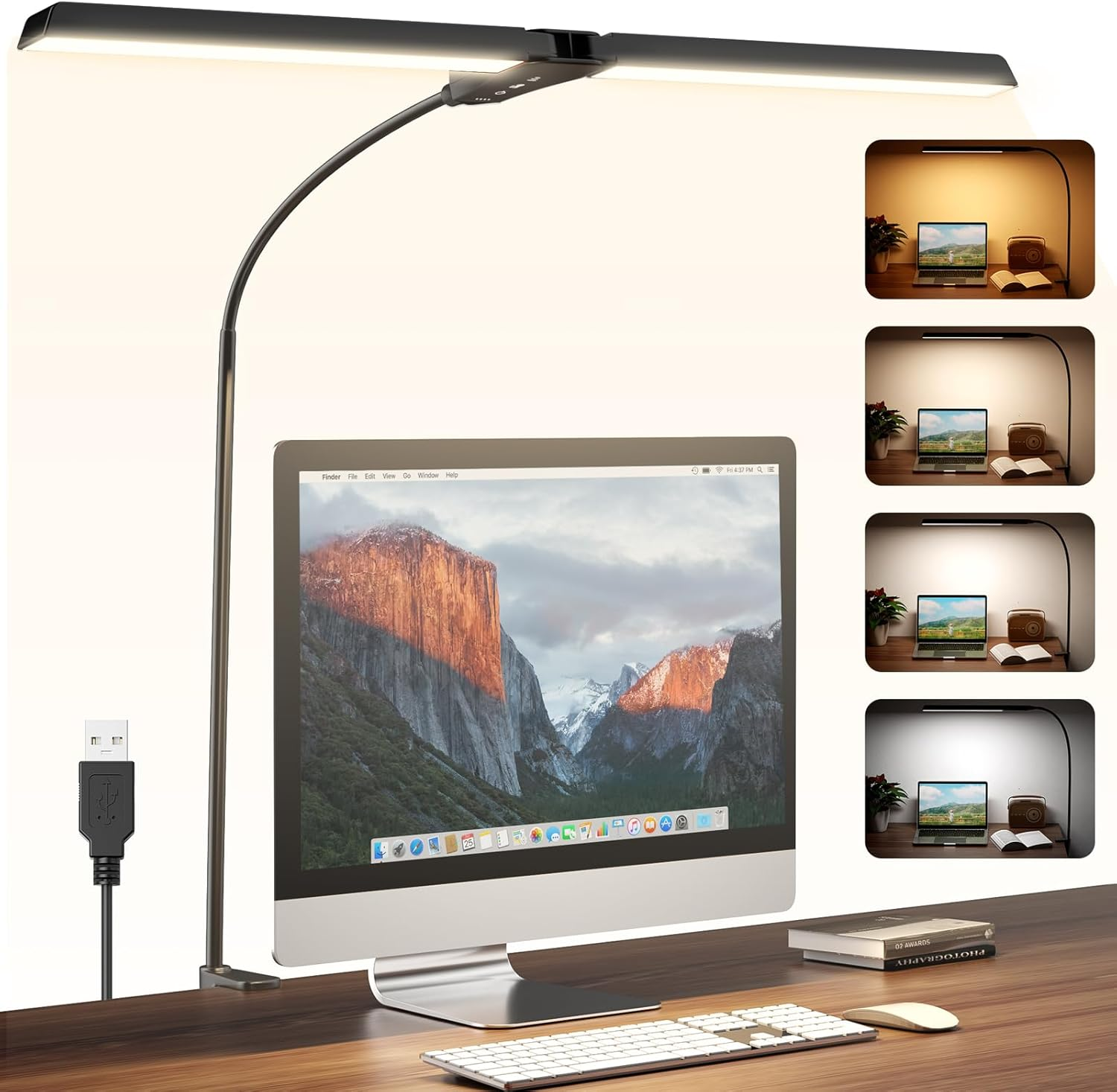 Quntis Desk Lamp for Home Office Study, 68CM Double Head Architect Desk Light with Clamp, 4 Colors & Brightness Dimmable Eye Care Table Lamp No Glare, Adjustable Gooseneck Task Lamp, Black image number 2