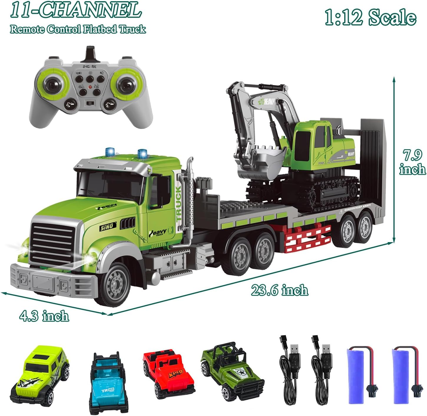 Fistone RC Semi Truck & Excavator Toy Set, 1:12 Remote Control Semi-Trailer with Sound and Lights, 2.4Ghz Flatbed with Excavator, Construction Vehicles for Boys 6-12 Years Old image number 1