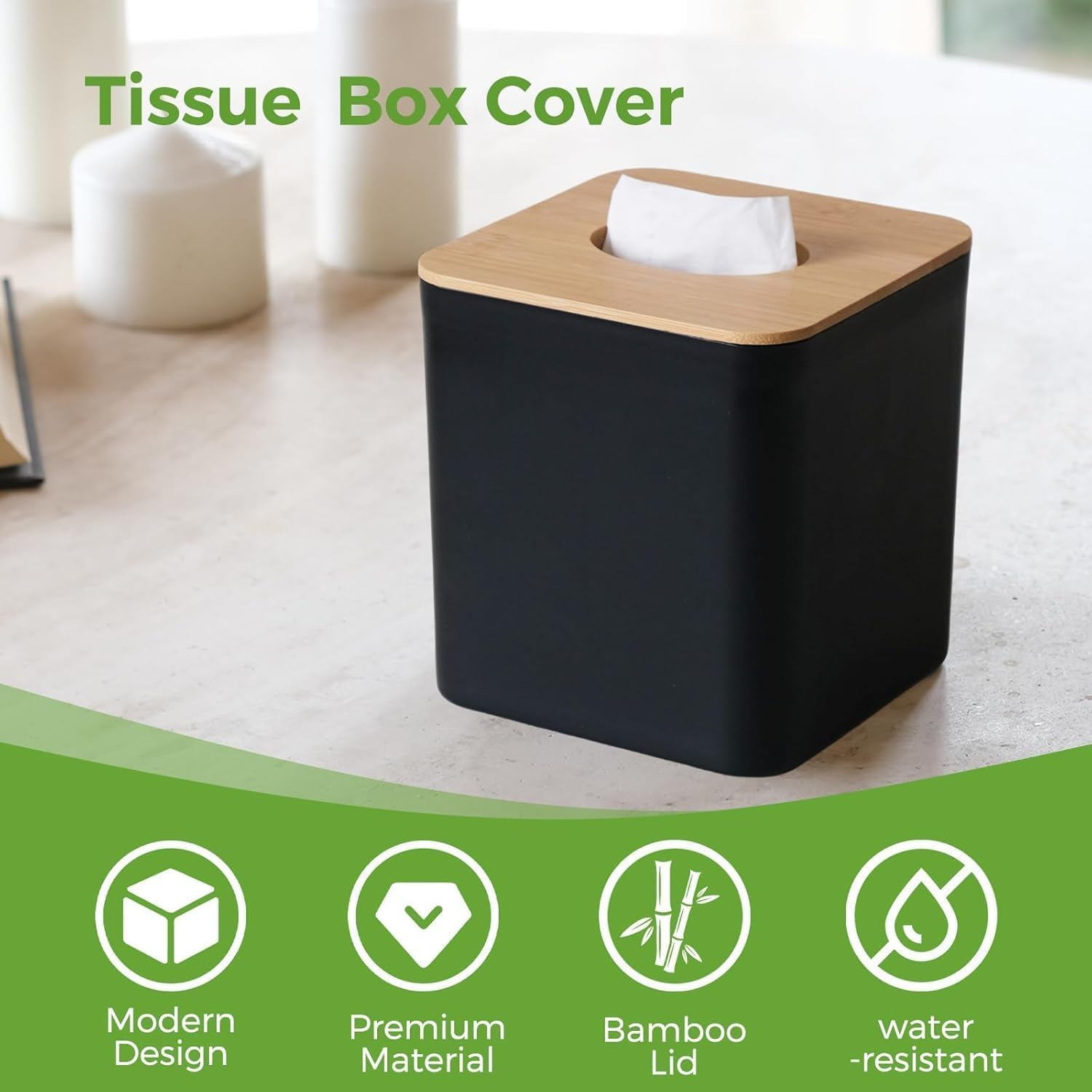 Tissue Box Cover Square, Black Tissue Box Holder with Bamboo Cover Plate, Cube Tissue Box Cover for Desk Accessories, Tissue Holders Decorative Square Tissue Box Tissue Holders for Bathrooms Bedrooms image number 2