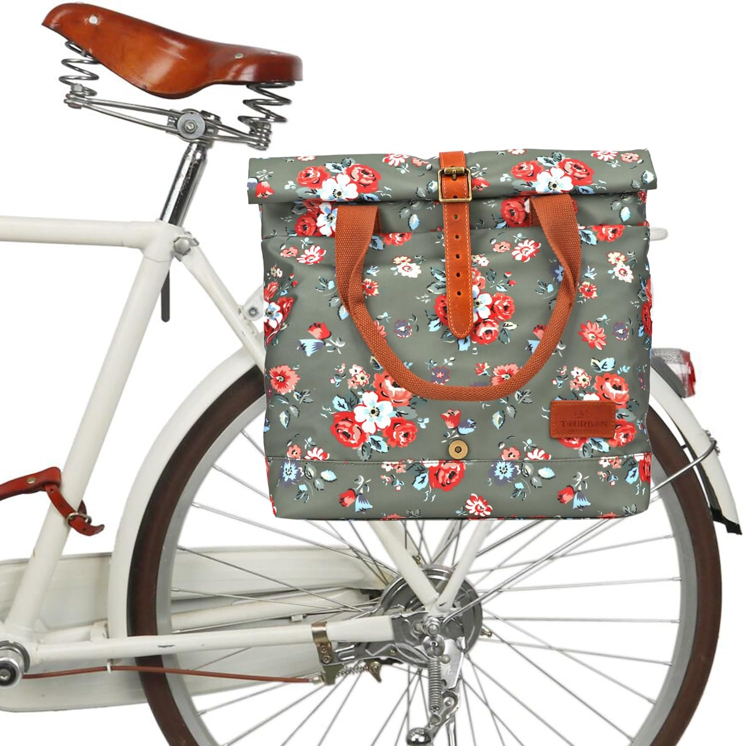 TOURBON Canvas and Leather Roll-Top Clip-On Bicycle Panniers Women'S Shoulder Tote Bag