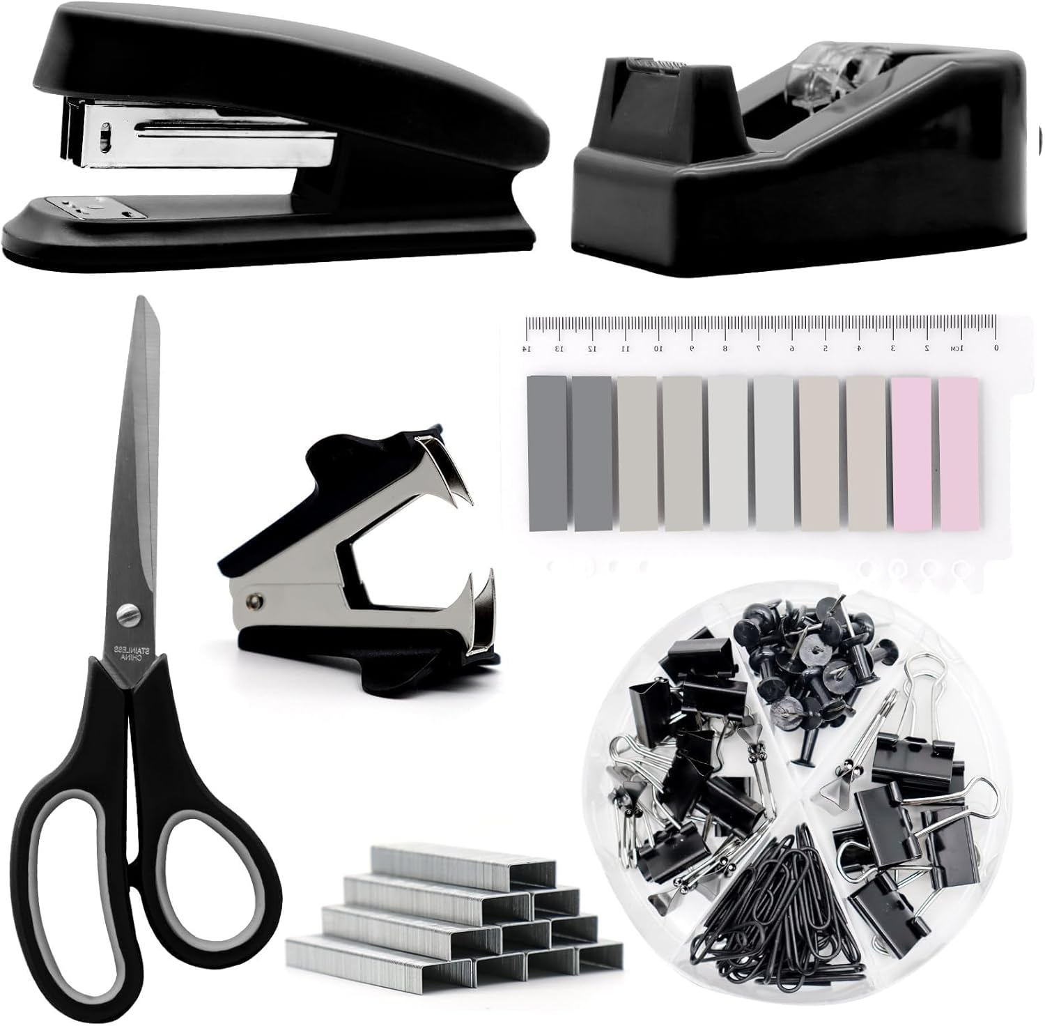Bytebliss Black Desk Accessories Kit - Stapler, Tape Dispenser, Scissors, Clips & Tabs - Office, School & Travel - Classic Style image number 5