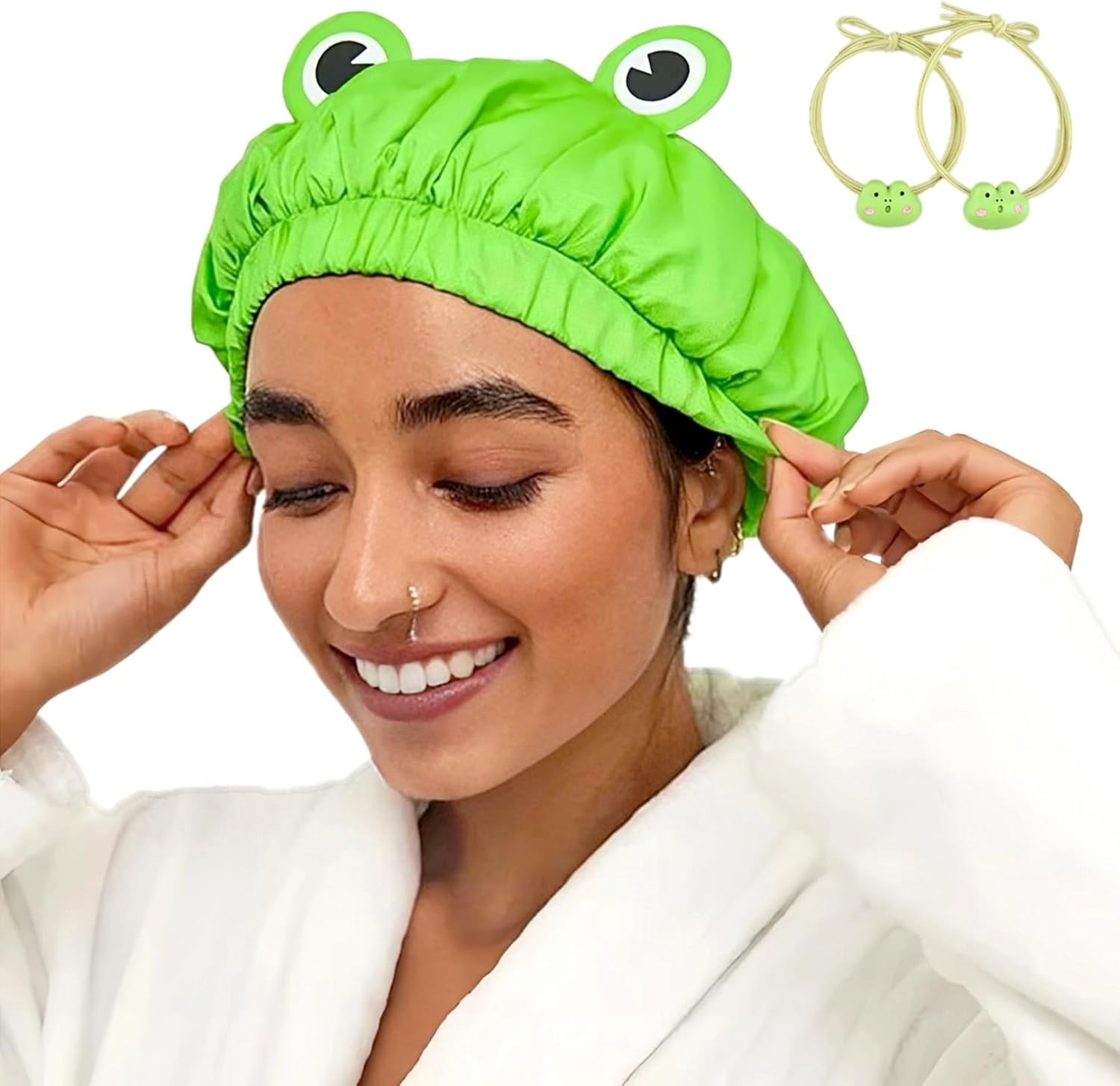 Lamame Shower Cap, Waterproof Reusable Double Layers Bath Cap Elastic Band Hair Cap Green Frog Shower Cap for Women Ladies Spa Salon, Small