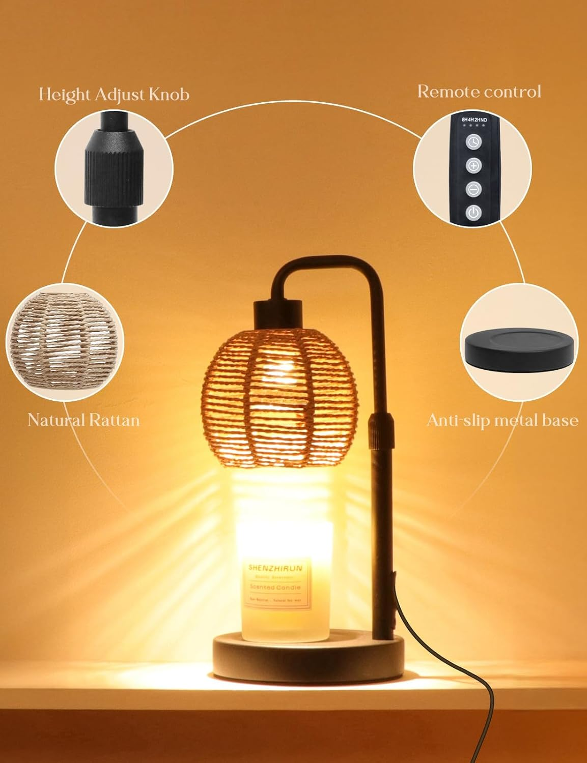 Candle Warmer Lamp with Timer & Dimmer - Adjustable Height Electric Wax Melter for Jar Candles, Natural Weave Shade（With 2 Bulbs） image number 6