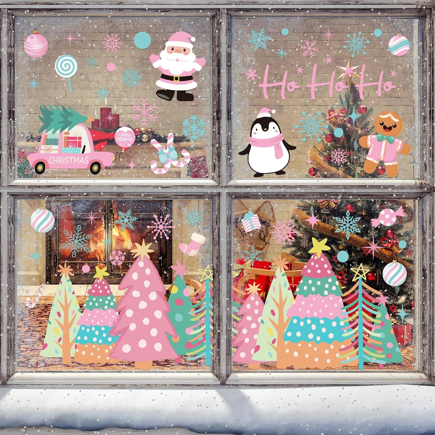 Whaline 6 Sheet Pink Christmas Window Clings Pink-Green Xmas Tree Snowflake Santa Reindeer Reusable Window Decals for Winter Holiday Home Glass Party Decor image number 4