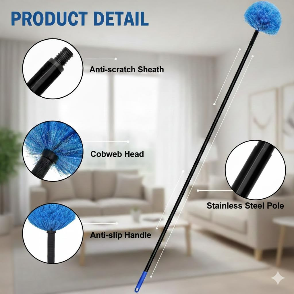 2 Pack Robust Cobweb Duster Head Brush, Superior Twist-On Web Cleaning Tool, Spider Web Remover Brush Compatible with Standard 3/4 Inch Threaded Poles for Outdoor & Indoor Use (Blue) image number 2