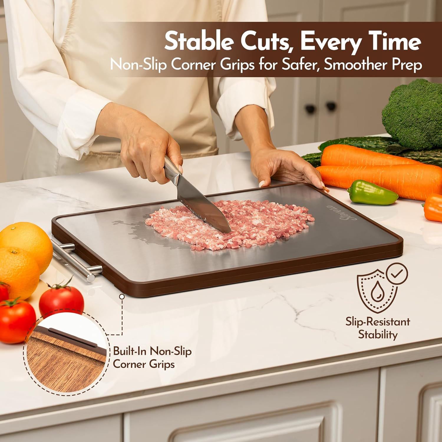 Chopping Board &ndash; Premium Wooden Cutting Board with Stainless Steel & Ebony, Double-Sided with Juice Groove &ndash; Ideal for Kitchen Prep, Charcuterie, Meat, Cheese & Fruit image number 6