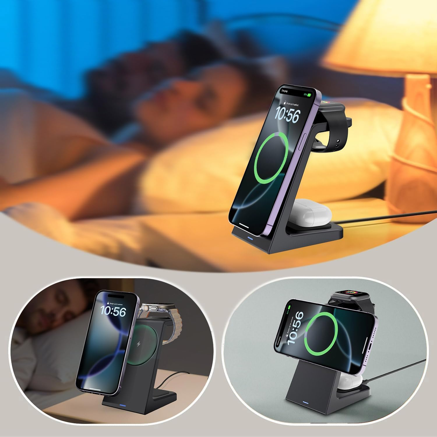 VNBBT 3 in 1 Wireless Charging Station for Mag-Safe, 15W Fast Magnetic Wireless Charger Stand for Iphone 17 Pro Max/17 Air/17/16 Plus/15/14/13/12 Mini,Air Pods,Apple Watch Series, Black image number 4