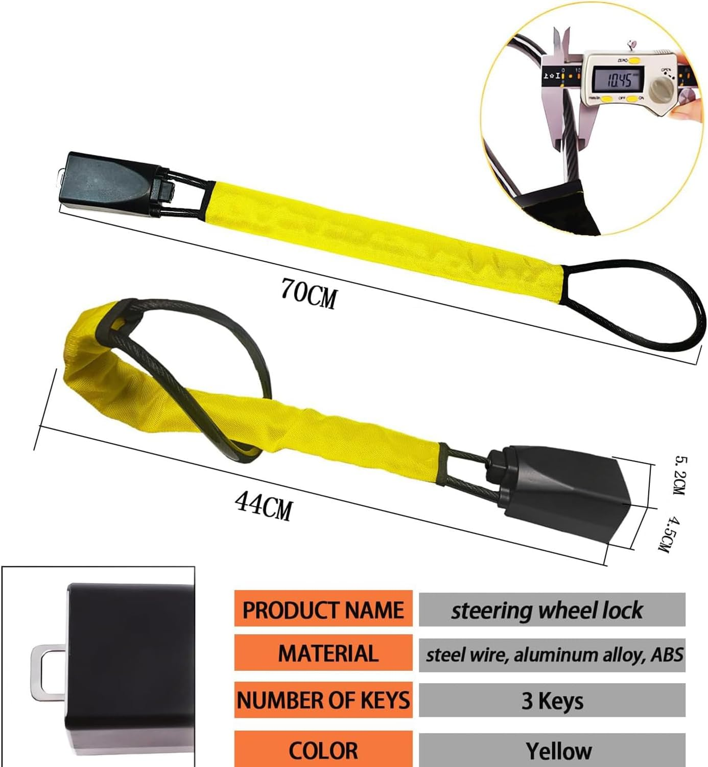 Steering Wheel Lock,Car Steering Wheel Lock,Max 45Cm Length Secure Car Device,With 3 Keys ABS, for Security Fit Most Vehicles Truck SUV Van Golf Cart, Yellow image number 5