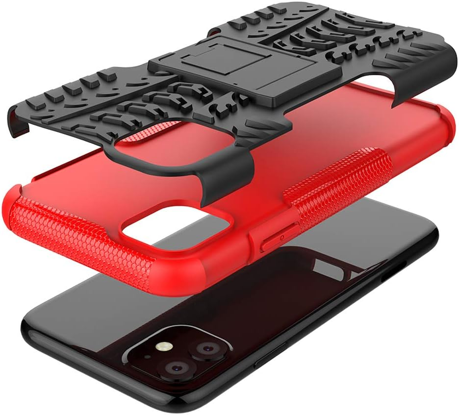 Phone Case for Apple Iphone 11 6.1 with Tempered Glass Screen Protector Cover and Stand Kickstand Hard Rugged Hybrid Heavy Duty Cell Accessories Iphone11Case Iphone11 I Phone11 XI 11R Cases Red image number 4