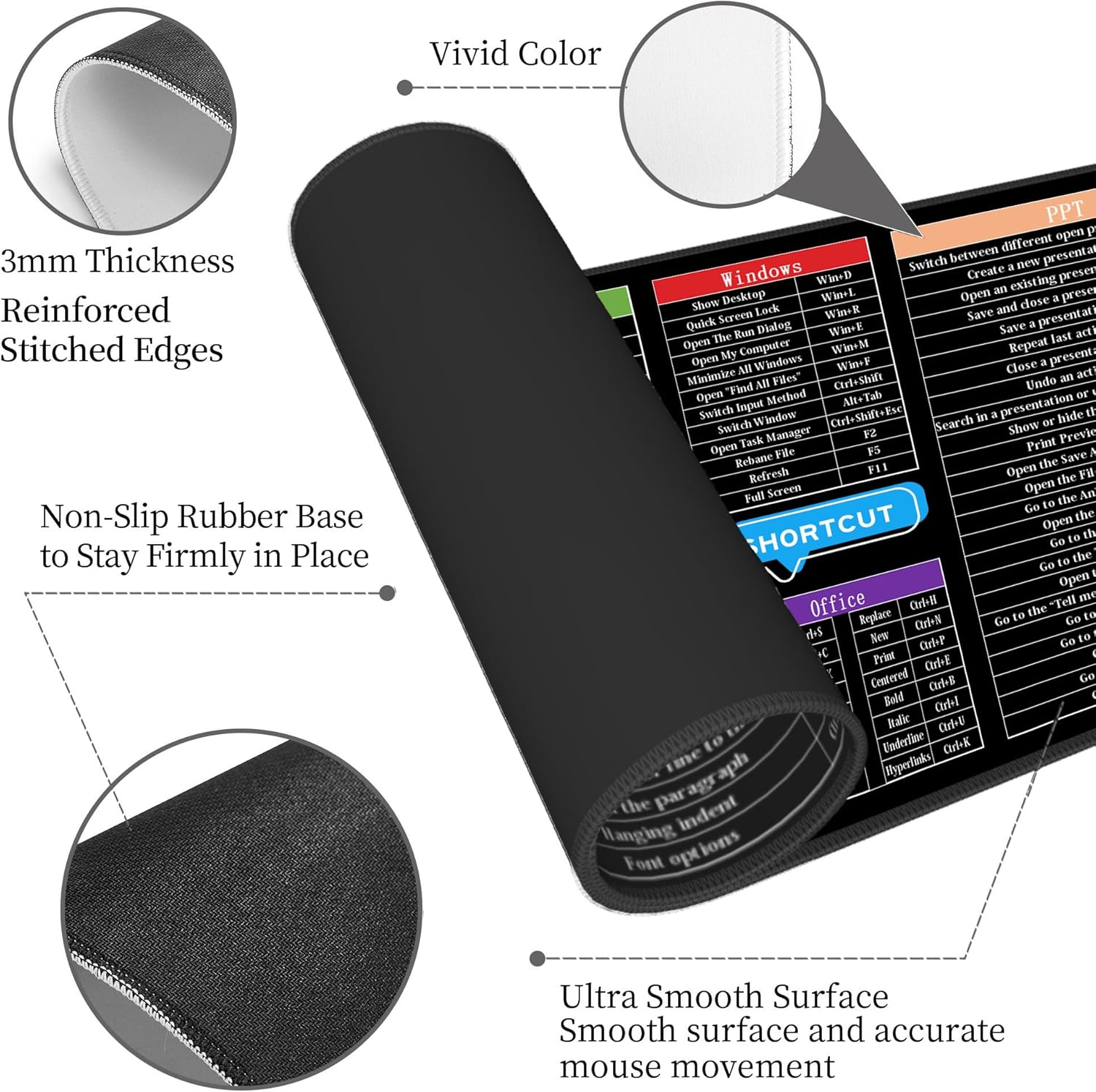 Computer Office Power Point Excel Word Short Cut Shortcuts Keys Gaming Keyboard Mouse Pad Mousepad Huge Extended XL Stitched Edge Rubber Sole for Home Office(31.5"X 11.8") image number 5