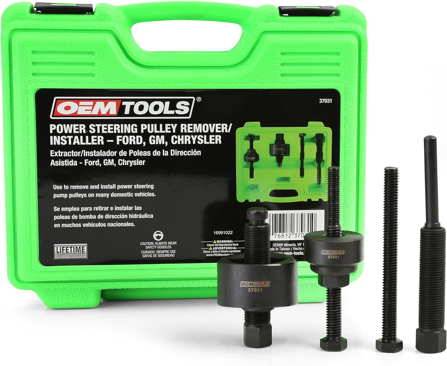 OEMTOOLS 37031 Power Steering Pulley Puller and Installer Kit, Removes and Installs Power Steering Pump Pulleys on Most Domestic Vehicles, Ford, GM, VW, Green