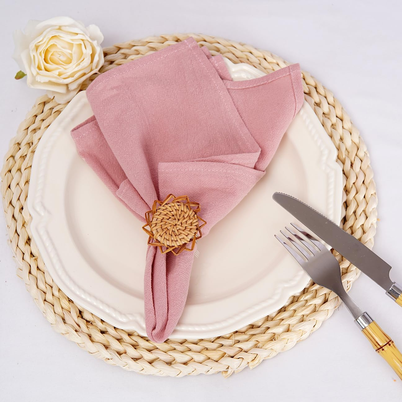 Cloth Napkins Rustic Cotton Cloth Napkins Set of 10 Soft Table Napkins 45X45Cm Washable Dinner Napkins for Christmas Wedding Party Fall Decor (Pink) - Blue image number 2