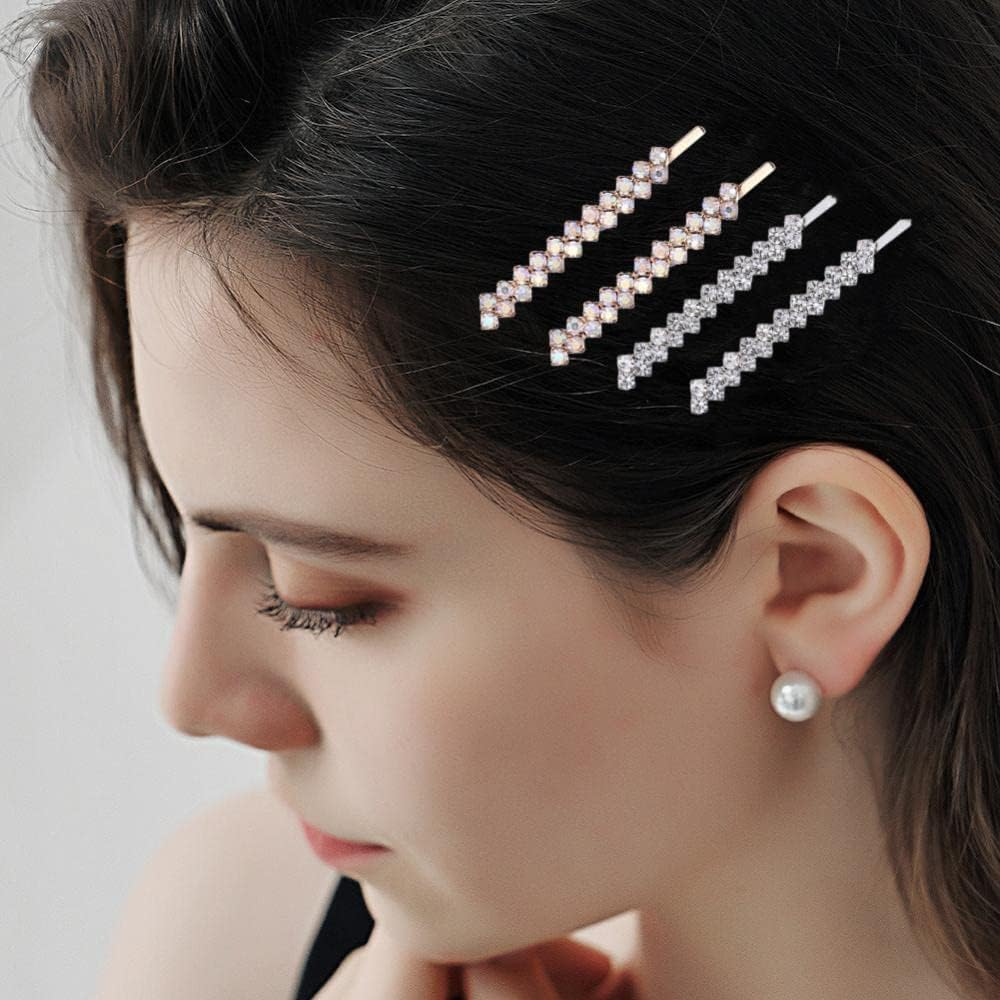 4 Pieces Rhinestone Bobby Pins Bling Crystal Metal Hair Clips Grips Slide Single Row Slim Diamante Rhinestone Bobby Pin for Brides Girls - Black / Gold image number 2