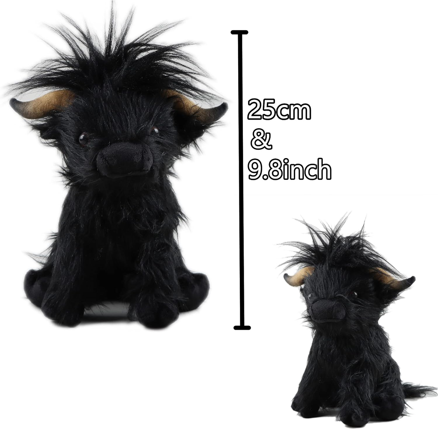 9.8Inch Highland Cow Stuffed Animal Realistic Cow Plush Toy Cuddly Simulation Highland Cattle Plushie Doll Farm Home Decor for Adults Kids(Black) image number 1