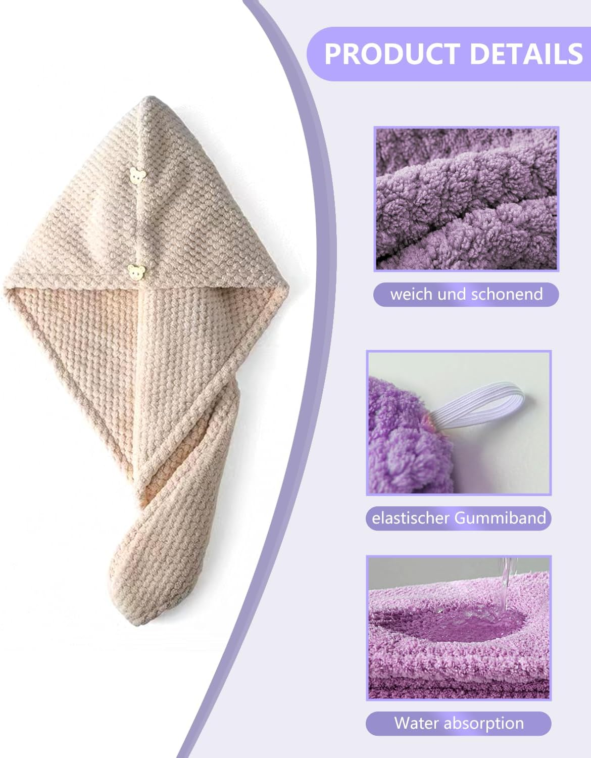 KGDUYC 2 X Hair Turban Towel with Button, Quick Dry Hair Towel, Quick-Drying Hair Towel, Microfibre Hair Towel, Hair Towel with Button for All Hair Types image number 2