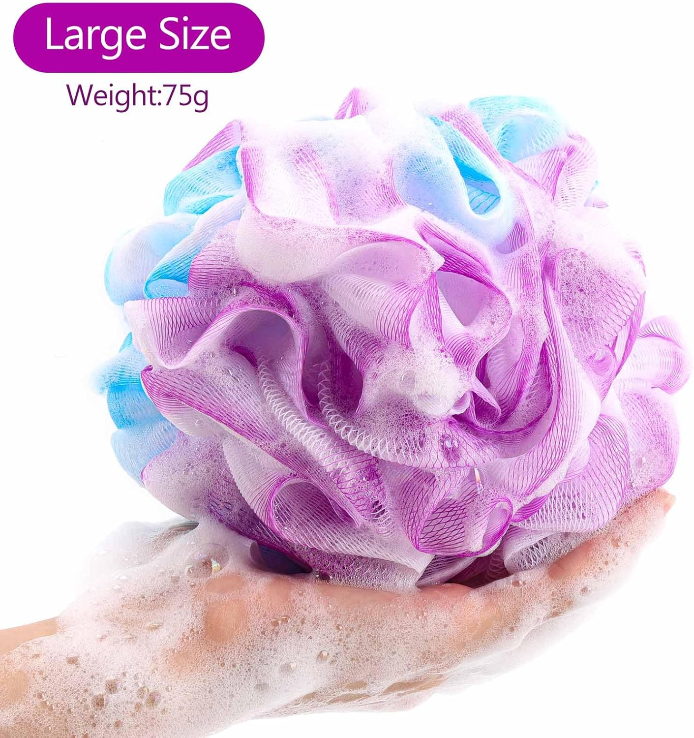 BTYMS 75G/Piece Large Loofahs Shower Sponge, Exfoliating Body Scrubber Shower Scrunchies Mesh Pouf Bath Sponges - Pack of 6