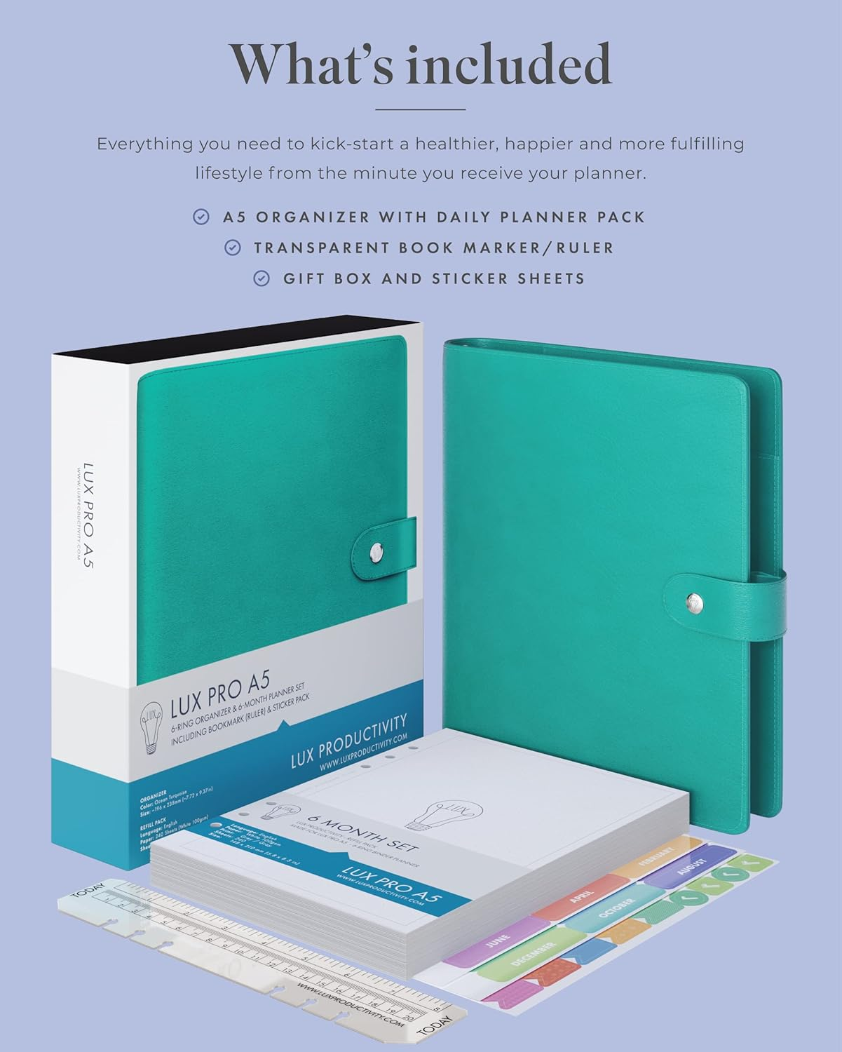 A5 Binder Organizer - Agenda 2023 Daily, Weekly & Monthly Management Undated to Do List & Unisex Business Planner - PU Leather Journal - Goal Setting Gratitude Notebook & Appointment Book by Lux Productivity - Lux Pro A5 Ed.2 Turquoise Ocean - Gray - Fossil image number 6