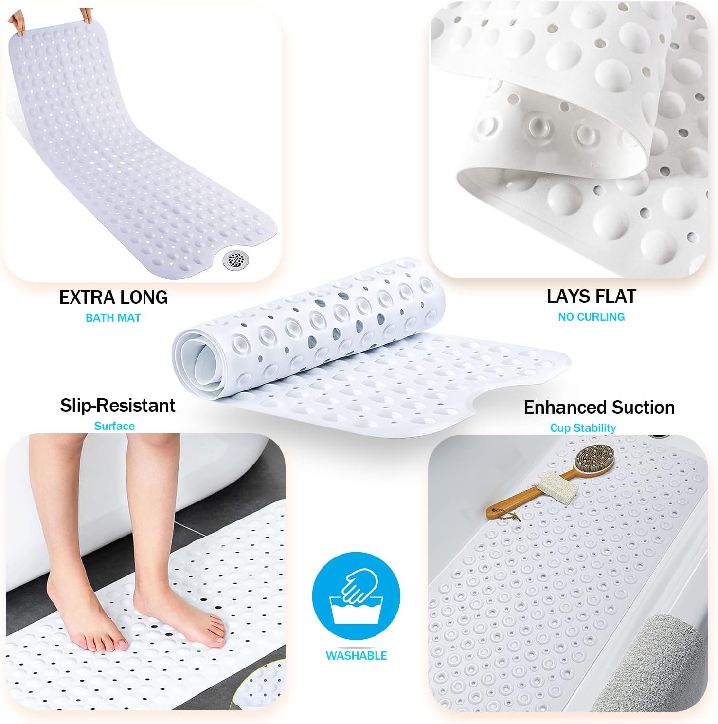 Non-Slip Bath Mat with Suction Cups, GVTECH 100X40Cm/40X16In Extra Long Bathtub Mats | Anti-Mould, Machine-Washable, Latex-Free | Shower Mat Ideal for Elderly & Children (White) image number 3