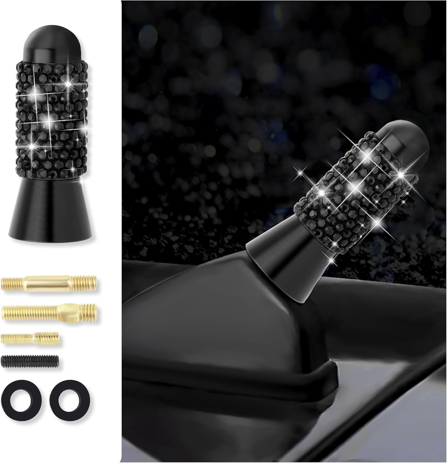 Bling Short Car Antenna Replacement,1.37" Stubby Antenna with 4PCS Screws & 2PCS Rubber Gaskets,Universal Automotive Exterior Accessories Vehicle Antenna for Truck Car (Black)