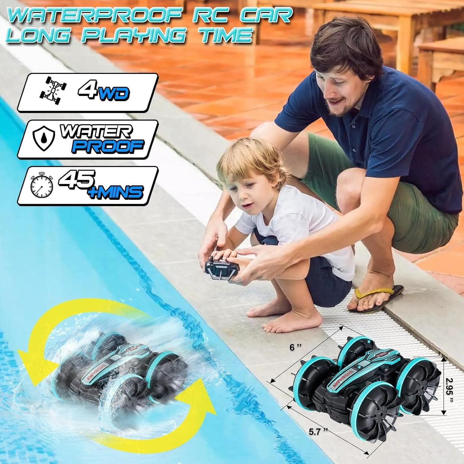 Remote Control Car Amphibious RC Cars for Kids 2.4Ghz Double Sided 360&deg;Rotating 4WD Stunt RC Car Toy Waterproof Boat off Road RC Race Toy Cars for Boys and Girls (Blue) image number 3