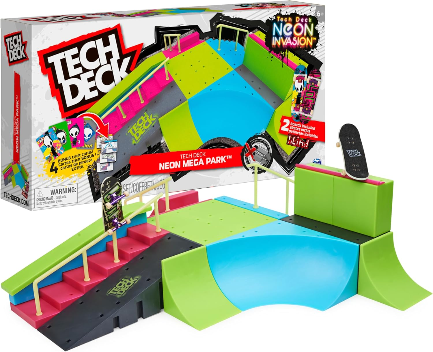 Tech Deck, Neon Mega Park X-Connect Creator, Glow-In-The-Dark Customisable Ramp Set with Two Fingerboards, Kids&rsquo; Toy for Boys and Girls Ages 6 and Up image number 6