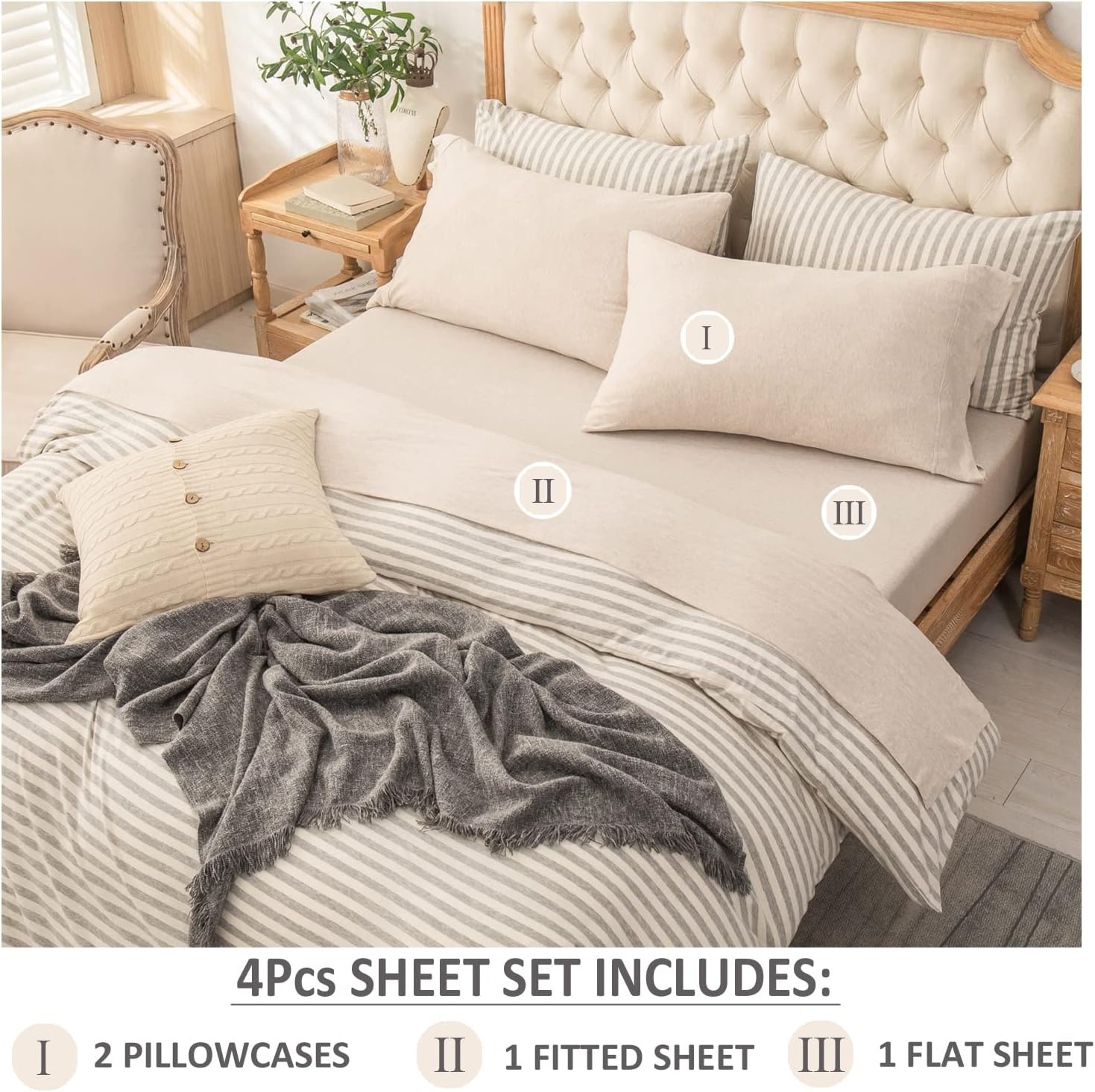PURE ERA Jersey Knit 4Pc Bed Sheet Set 100% T-Shirt Heather Cotton Super Soft Comfy Breathable Fits Mattress up to 20" Extra Deep Pocket (Heather Beige, Queen) image number 1