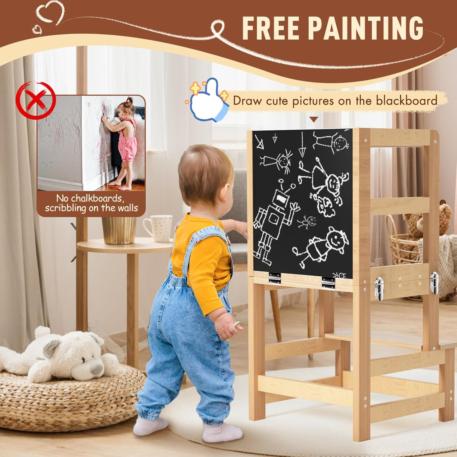 Kids Kitchen Step Stool - FSC Certification, Foldable Anti-Slip Learning Tower with Message Boards| Toddler Standing Tower, Montessori Kitchen Helper and Learning Tower, Toddler Tower, Natural Bamboo image number 6