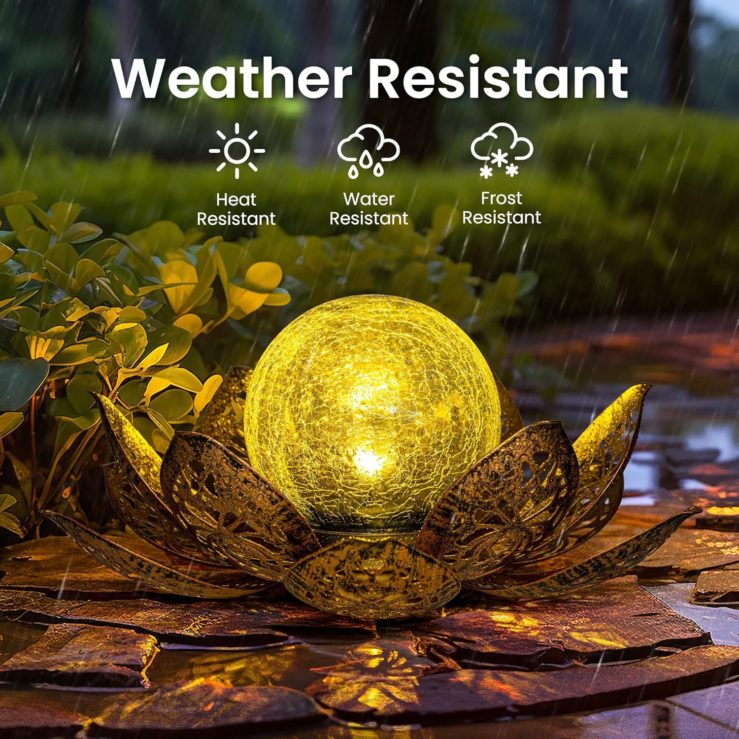 PATIOPIA Solar Lights Outdoor Garden Decor, Adjustable Metal Petal Lotus Flower Lights Crackle Globe Glass Lantern Outdoor Table Decor Waterproof for Patio, Lawn, Pathway, Pond Gift image number 1