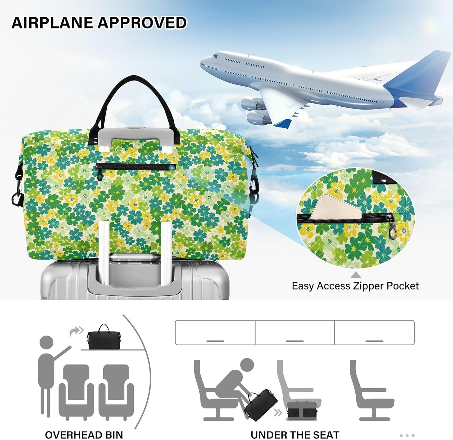 Oversized Travel Duffel Bag Travel Weekender Gear Bag Sports Duffel Bags with Adjustable Strap for Sports Multifunctional, Small Flowers Green Yellow image number 6