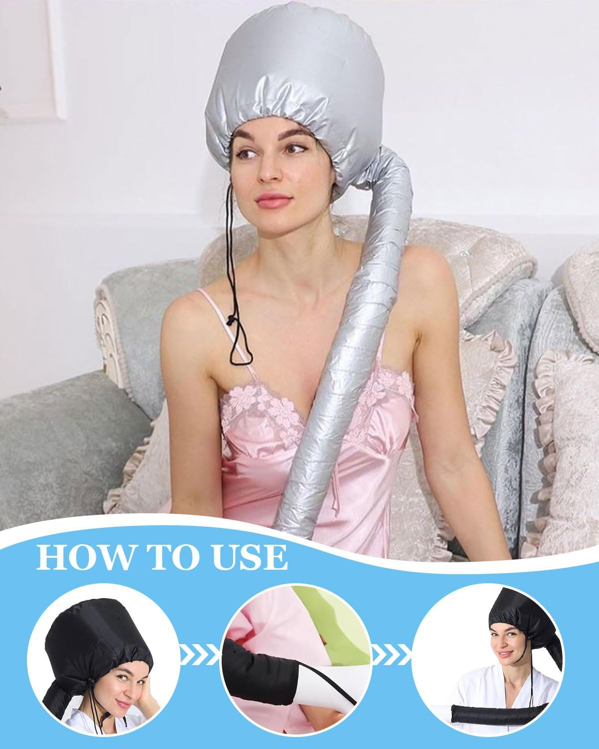 FUGLUS 2 Pieces Hair Dryer Cap, Adjustable Hair Dryer Attachment Hood Hair Treatment Depth Conditioning Cap Side Strap Hood with Elastic Band (Black + Silver) image number 1