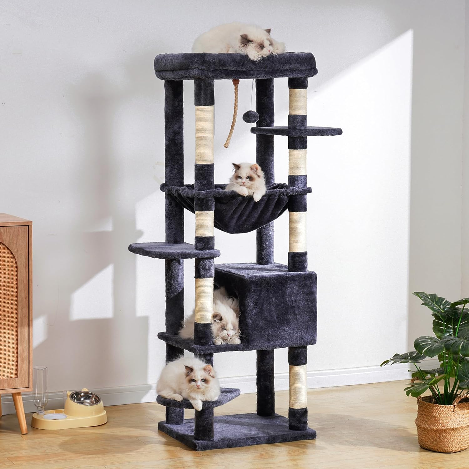 Heybly Cat Tree for Large Cats 20 Lbs Heavy Duty,60 Inches XXL Cat Tower for Indoor Cats,Multi-Level Cat Furniture Condo for Cats with Big Padded Plush Perch,Cozy Basket HCT050G image number 5