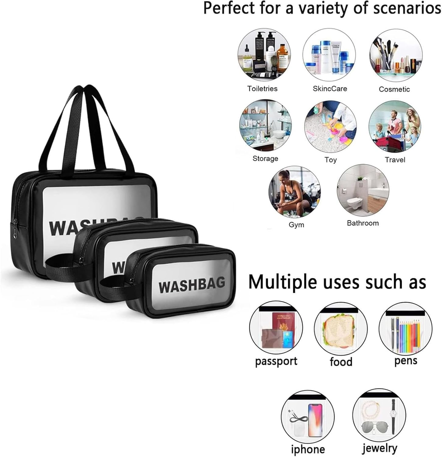 QAUARUMSUN 3Pcs Makeup Bag Toiletry Bag Travel Bag,Travel Essentials for Women, Waterproof Clear Bag Cosmetic Bag for Cosmetic, Toiletries, Tool Accessories(Black)