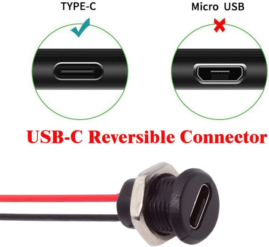 Xiwai 5Pcs DIY OEM Type C Female Socket to 2Pin Header Wire Extension DC 5V Power Cord Pitch=2.0Mm Panel Mount USB C Waterproof Jack 17.5Cm image number 4