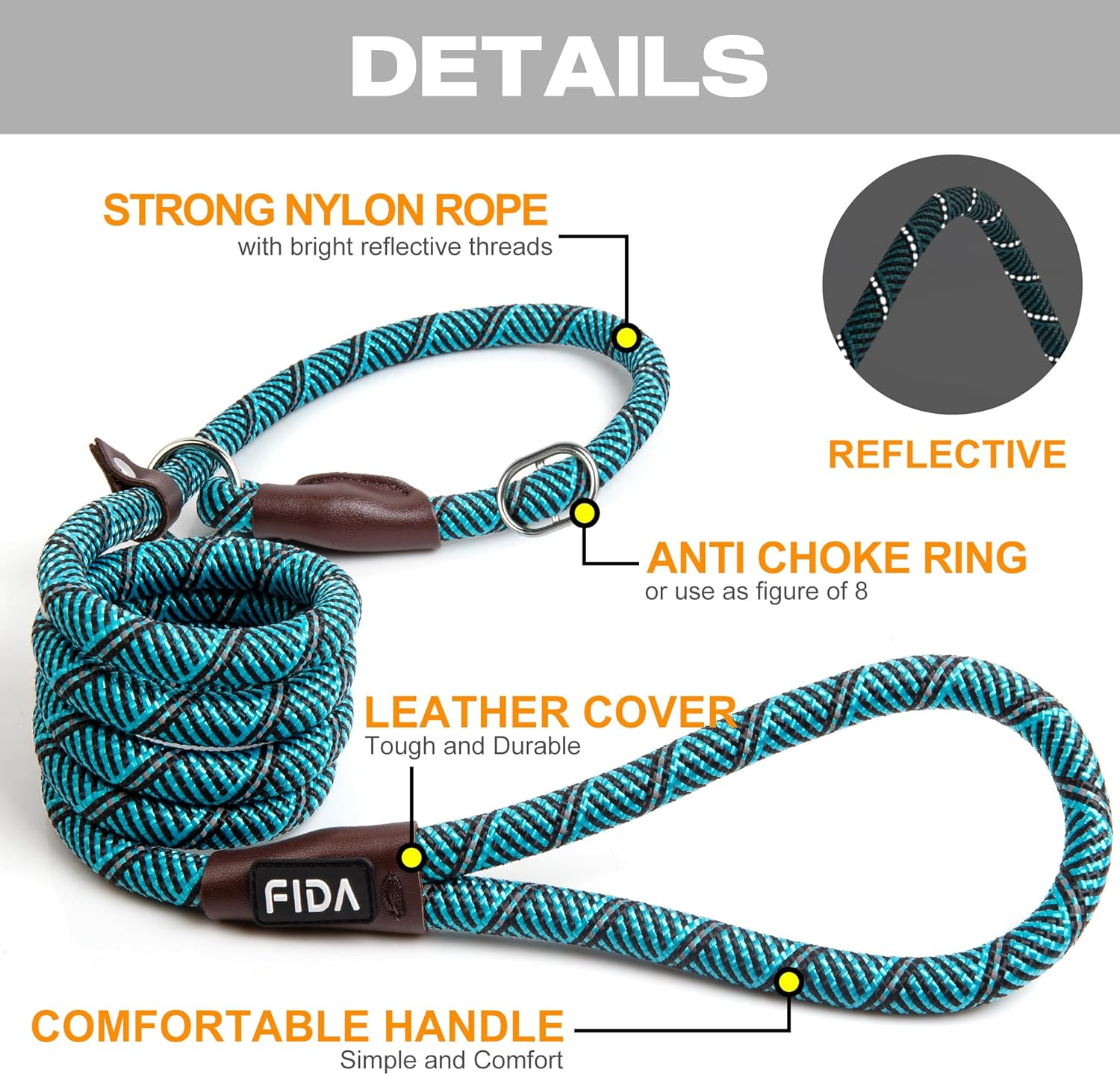 Fida Slip Lead for Dogs | 1.8M, One-Size-Fits-All, Slip-On Rope Leash. Easy to Slip On, No Collar or Harness Needed. Durable & Weather Resistant Climbers Rope with Reflective Stitching (Blue) image number 2